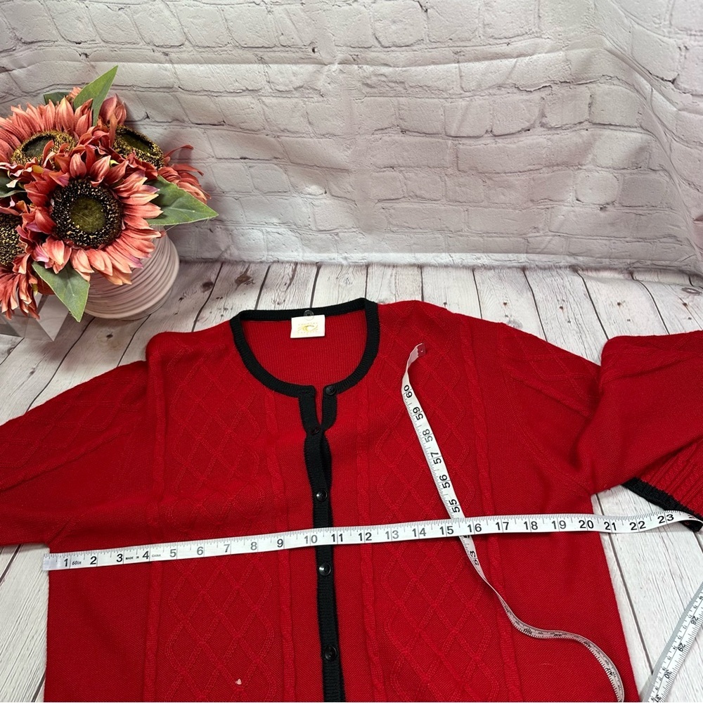 vtg country casuals Red wool blend Cardigan Black Trim womens L preppy office - Picture 5 of 8